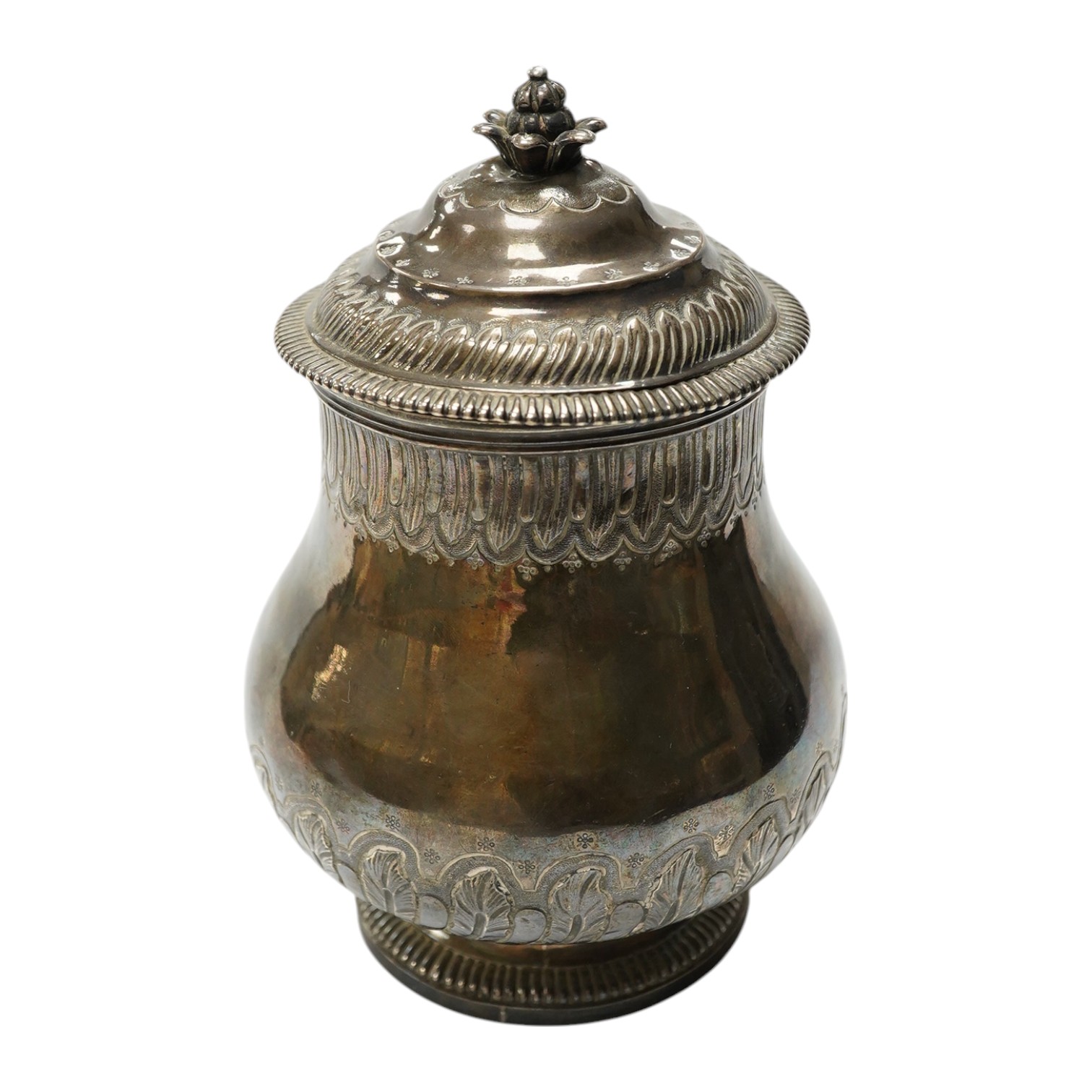 An 18th century French white metal baluster pot and cover, indistinct marks, height 16cm, 10.8oz. Condition - fair